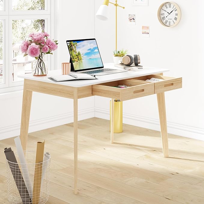 Home Office Computer Desk Coner Desk with 2 Drawers, Study Writing Table for Home Office, Study, White & Natural (39.3 ”W x 23.6”D x 29.1”H)