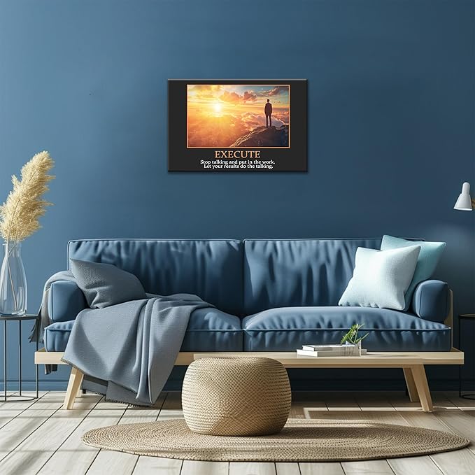 UZMKM - Inspirational Canvas Wall Art, EXECUTE Mindset Quotes Picture Prints, Success Framed Company Watching Sunrise Poster, Positive Quotes Wall Painting for Home Office Workplace 18x24 Inch
