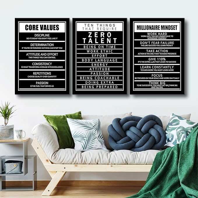 Inspirational Canvas Wall Art 3 Pieces Motivational Quote Picture Painting Ten Things That Require Zero Talent and Core Values Print Poster for Office Living Room Artwork Ready to Hang [60''Wx28''H]
