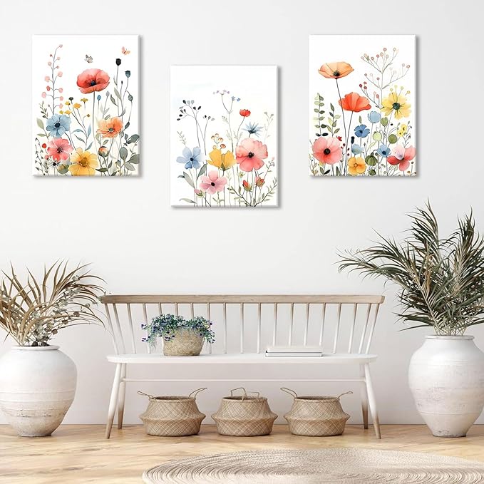 KISSFOX Framed Colorful Wildflower Canvas Wall Art Set Of 3 Flowers Pictures Prints Flowers Printing Floral Watercolors Flower wall Decor Living Room Girls Bedroom Bathroom