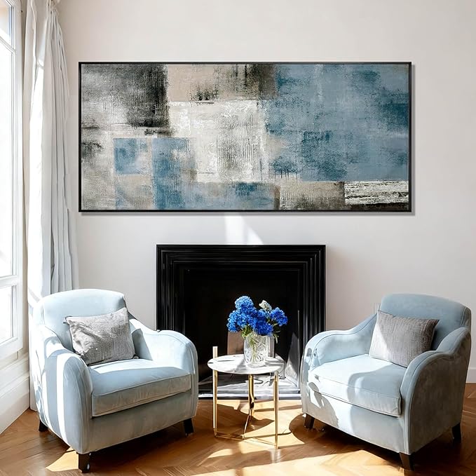SDYA Blue Abstract Wall Art Canvas Painting Modern Minimalist Artwork for Living Room Bedroom Office, Neutral Blue Gray Textured Wall Decor Oil Painting 32"x70"