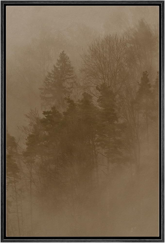 MUDECOR Framed Canvas Print Wall Art Sepia-Toned Misty Forest Landscape Illustrations Minimalism Decorative Relax Colorful for Living Room, Bedroom, Office - 16"x24" Black