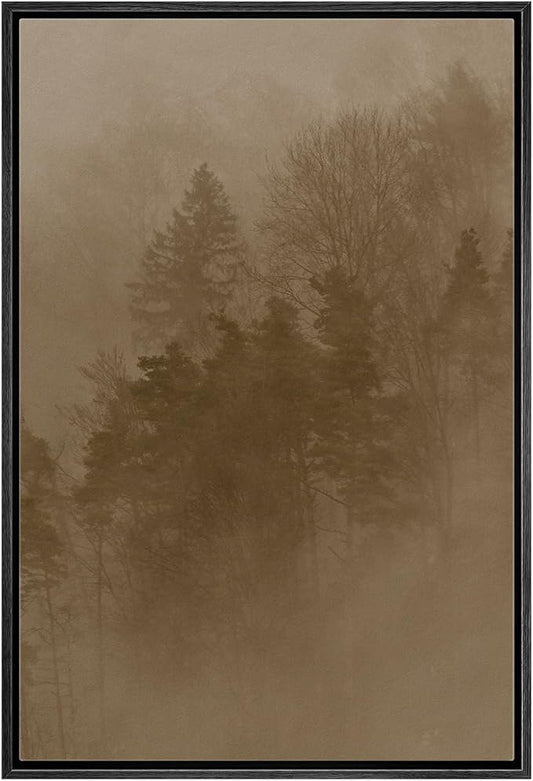 MUDECOR Framed Canvas Print Wall Art Sepia-Toned Misty Forest Landscape Illustrations Minimalism Decorative Relax Colorful for Living Room, Bedroom, Office - 24"x36" Black