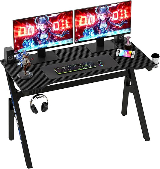BestOffice | 47" Gaming Desk | Black & Blue | Carbon Fiber Textured Computer Desk | Sturdy Steel Frame,Cup Holder, Headphone Hook, Cable Management Holes, Adjustable Leg Pads | for Gamers,Home,Office