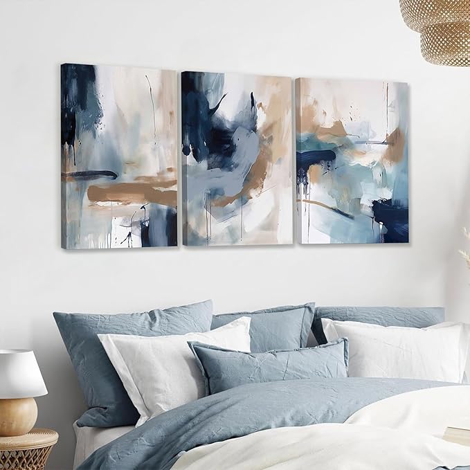 KBKBART 3 Piece Blue Abstract Framed Wall Art For Living Room, Watercolor Ink Navy Blue Canvas Wall Art Modern Minimalist Art Prints Wall Décor For Bedroom Office 12x16in