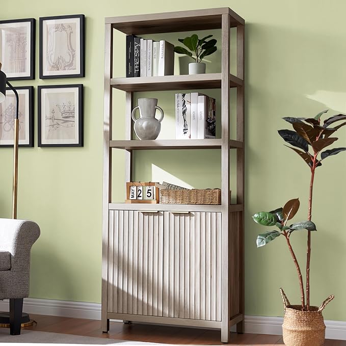 5 Tier Bookshelf with Storage, 70" Tall Bookshelf with Doors Cabinet, Fluted Wood Bookshelf, Large Farmhouse Bookcases for Living Room Bedroom Home Office Library (Gray Oak, 2PCS)