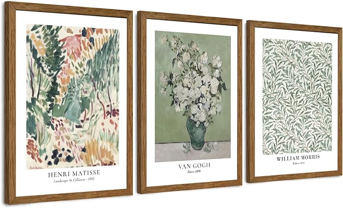 JLTULT 3 Piece Vintage Sage Green Canvas Wall Art, Van Gogh Matisse Wall Decor, Botanical Painting Artwork Prints for Living Room Bedroom Home Office 12X16 inch Wood Framed Easy to Hang