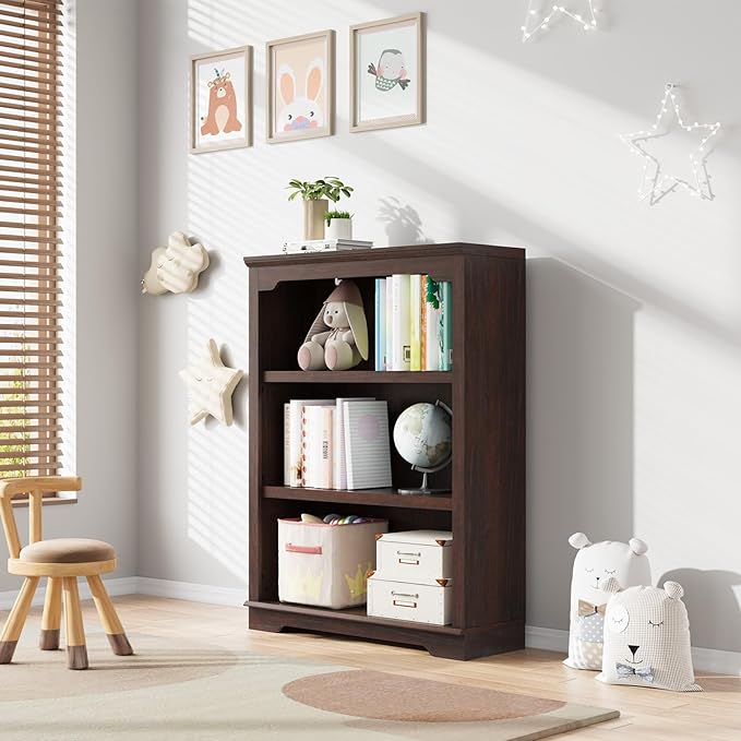 HIFYOBRO 3 Tier Bookshelf, 31.5" Wide Wooden Book Shelf, 42" Tall Bookcase, Freestanding Open Display Storage Bookshelves for Study Room, Home Office, Living Room(Cherry)