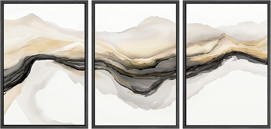 SIGNWIN Framed Canvas Print Wall Art Set Gold Gray Smoke Wave Landscape Abstract Shapes Illustrations Modern Art Decorative Contemporary Colorful for Living Room, Bedroom, Office - 16"x24"x3 Black