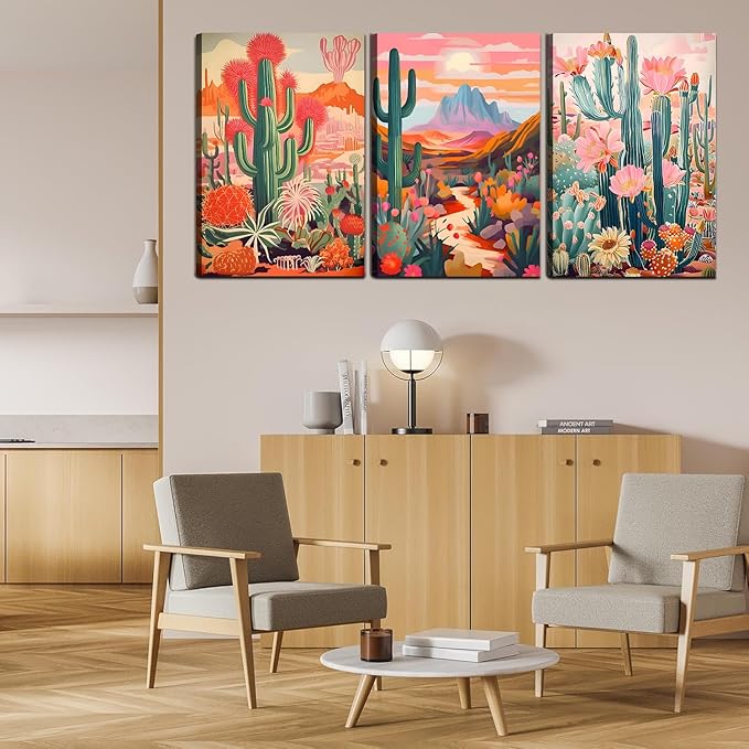 Framed Cactus Canvas Wall Art Green Pink Orange Plant Floral Wall decoration pictures Colorful Southwestern Rustic Painting Desert Landscape Poster Prints for Living Room Bathroom Bedroom 12inx16in