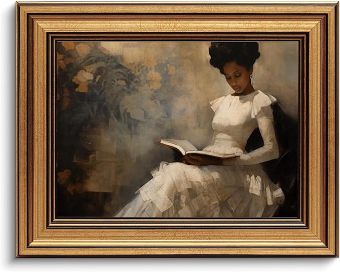 Gold Framed Wall Art Vintage Canvas Wall Art African American Black Girl Reading Book Artwork Prints Picture for Living Room Bedroom Farmhouse Bathroom Office Decor, 8x10