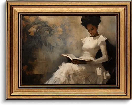 Gold Framed Wall Art Vintage Canvas Wall Art African American Black Girl Reading Book Artwork Prints Picture for Living Room Bedroom Farmhouse Bathroom Office Decor, 8x10