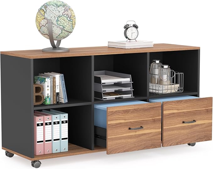 Tribesigns 2 Drawers Lateral File Cabinets, Home Office 47-inch Mobile Wood Filing Cabinet Printer Stand with Wheels and Open Storage Shelves,Drawers for Letter Size (Brown)