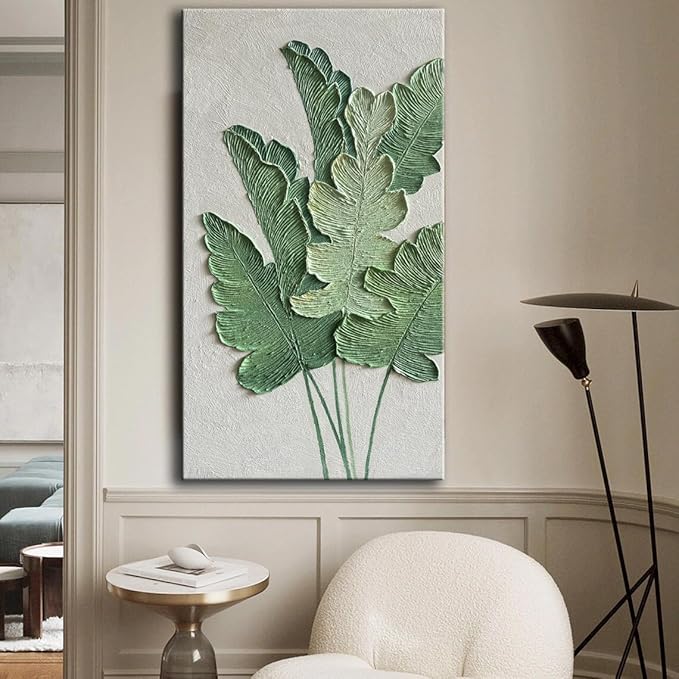 YaSheng Art- large Vertical Wall Art Oil Paintings ,Handmade 3D Textured Wall Art Green Large leaf plant Artwork paintings ,Modern Minimalist Abstract Wall Art painting, Wall Art for living room Bedroom Wall Deco Home, Framed Wall Art Pictures 30x60inch