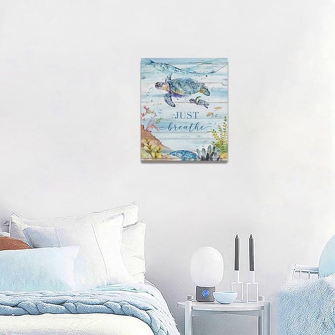 Ocean Sea Turtle Wall Art Nautical Just Breathe Pictures Wall Decor Beach Seaweed Canvas Coastal Painting Modern Artwork Home Decoration for Bathroom Living Room Bedroom Office Framed 20"x24"
