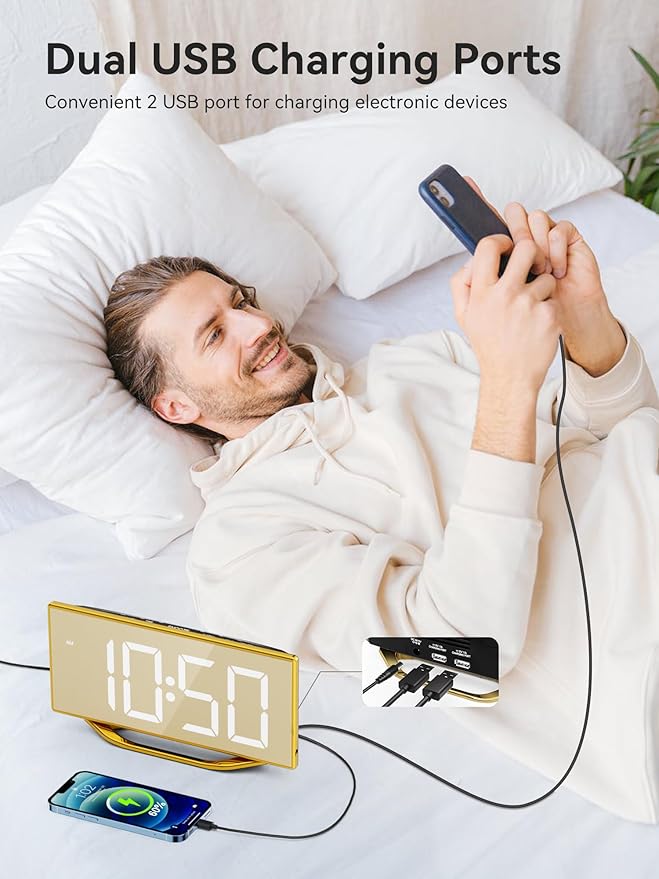 Digital Alarm Clock for Bedrooms, Slim LED Desk Clock with Gold Mirror Finish, 7 Levels Brightness, Dual USB Ports, Snooze, 12/24H, 8.7" Large Display Modern Bedside Clock for Home Office Decor