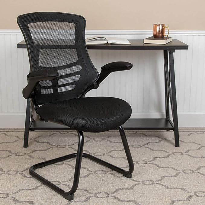 Flash Furniture Kelista Black Mesh Sled Base Side Reception Chair with Flip-Up Arms
