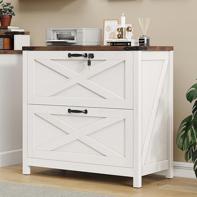 Lateral File Cabinet with 2 Large Drawers, Farmhouse File Cabinet with Lock for Letter/Legal/A4 Size Hanging Files, Wood File Storage Cabinets Printer Stand for Home Office Cabinets, White and Brown