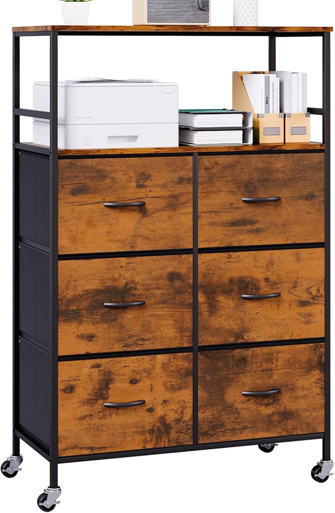 51" H Tall Mobile File Cabinet, Rolling Printer Stand with 6 Drawers, Adjustable Hanging Rails for A4/Letter/Legal Files, Fabric Vertical Filing Cabinet for Home Office, Rustic Brown