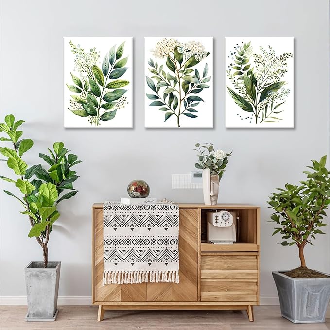 Bwodke Botanical Wall Art Plant Floral Watercolor Poster Canvas Prints Set of 3 Framed Sage Green Painting Eucalyptus Leaf Picture Modern Minimalist Home Decor Bedroom Bathroom Living Room 16"x24"
