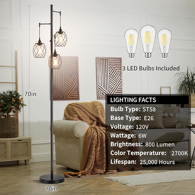 Sucolite 70" Dimmable Floor Lamp for Living Room, Industrial 3-Light Tree Floor Lamp Black with Cages, Farmhouse Rustic Tall Standing Lamp Floor Lighting for Bedroom Office, LED Edison Bulbs