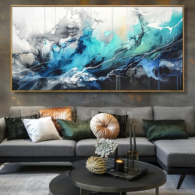 Wall Art Abstract Canvas Painting Teal Blue Modern Artwork for Living Room Bedroom Dining Room Home Office Decor 30"x60" with Framed