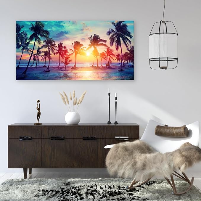 DZL Art S75598 Canvas Wall Art Palm Trees Silhouettes On Tropical Beach At Sunset Beach Seascape Painting Nature Pictures for Living Room Home Office Wall Decor Artwork