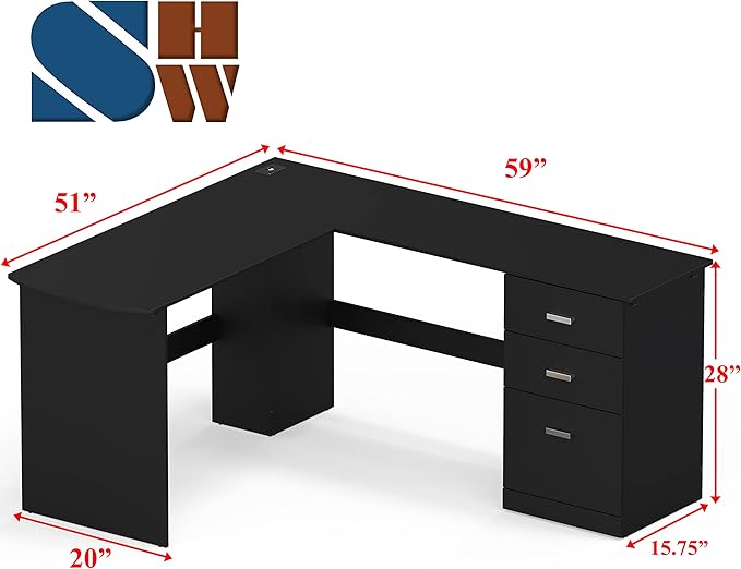 SHW 51 x 59 Inches L-Shaped Home Office Wood Corner Desk with Box Box File Drawers, Black