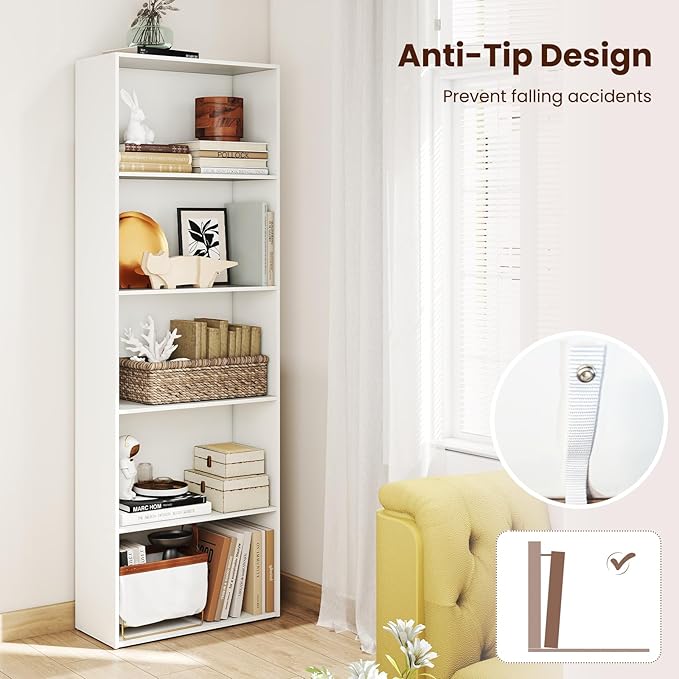 Giantex 5-Tier Bookshelf, Freestanding Tall Bookcase with 5 Open Compartments, Modern Storage Organizer, Display Shelving Unit for Living Room, Bedroom, Home Office, White