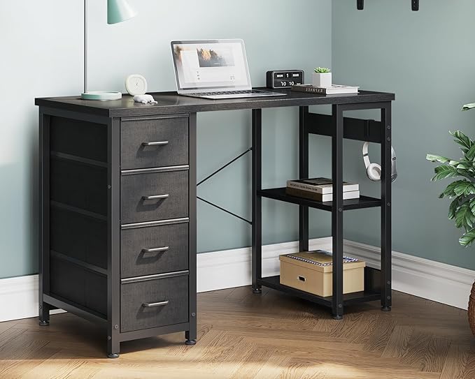 Casaottima 40 Inch Small Computer Desk with 4 Fabric Drawers, Modern PC Desk for Small Spaces, Home Office Desk with Storage Shelves, Black