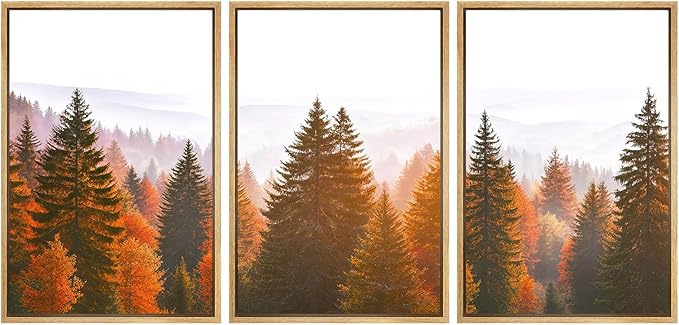 SIGNFORD Framed Wall Art Print Set Golden Autumn Forest Warm Sunrise Landscape Digital Art Modern Art Contemporary for Living Room, Bedroom, Office - 24"x36"x3 Natural