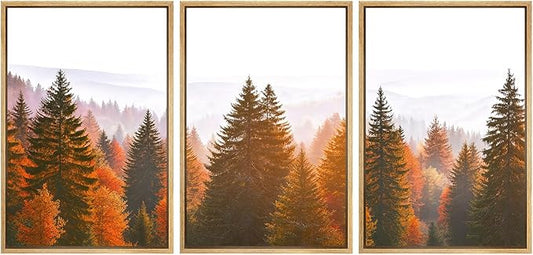 SIGNFORD Framed Wall Art Print Set Golden Autumn Forest Warm Sunrise Landscape Digital Art Modern Art Contemporary for Living Room, Bedroom, Office - 16"x24"x3 Natural