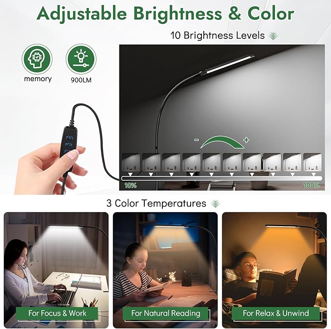 Clamp Lamp for Desk, Eye-Caring LED Clip Light, 27"Tall Flexible Arm, 3 Color Modes 10 Brightness, USB-Powered Task Lamp for Home Office Reading, Crafting, Sewing,5V/2A Adapter Included Black