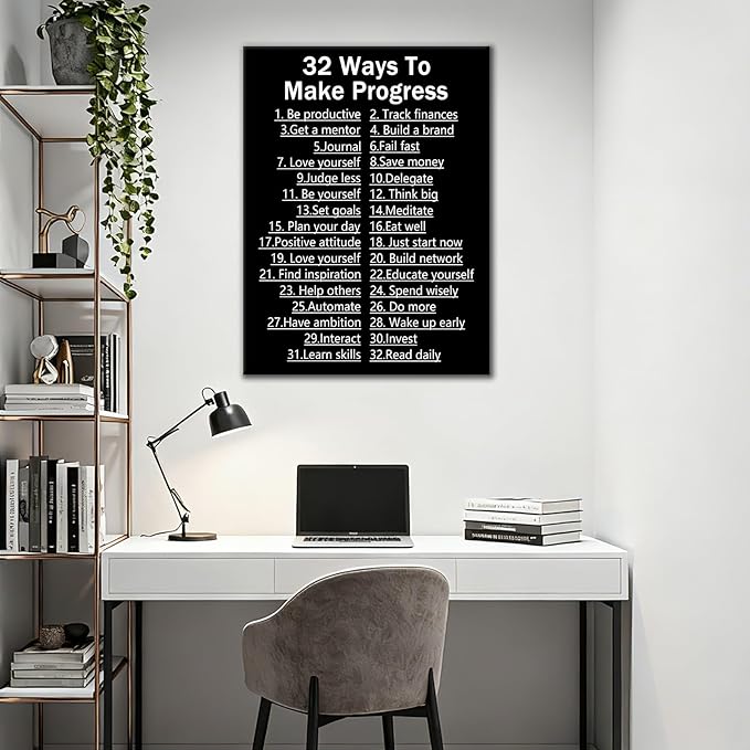 32 Ways To Make Progress Motivational Canvas Wall Art Office Decor Poster Inspiring Quotes Inspirational Print Painting Artwork for Home Living Room Gym Classroom Stretched and Framed [18''Wx24''H]