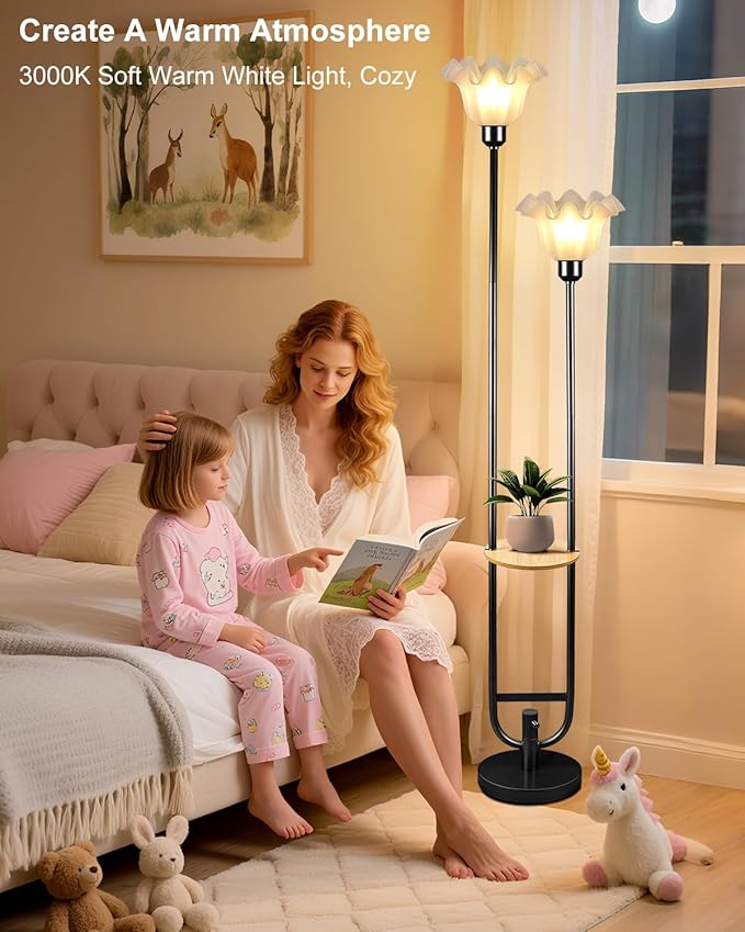 Dimmable Flower Floor Lamps with Table, 2-Lights Floral Floor Lamp, 3000K Warmwhite Candle Holder Style Modern Floor Lamp, Rustic Black Standing Lamp for Living Room Bedroom