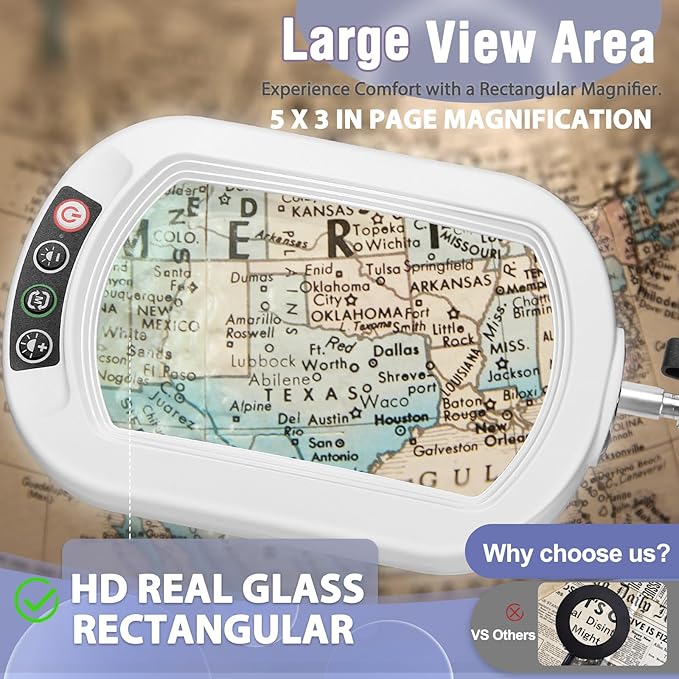 10X Rectangle Magnifying Glass with Light and stand, 5*3 Inch Real Glass 5 Color Modes Stepless Dimmable LED Floor Lamp, 3-in-1 Large Lighted Magnifier for Reading Painting Craft Close Work - White