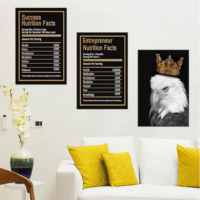 Motivational Wall Art 3 Piece Black Eagle Entrepreneur Nutrition Facts Inspirational Poster Canvas Prints Artwork for Home Teens Room Office Painting Pictures Stretched and Framed [48''Hx24''W]