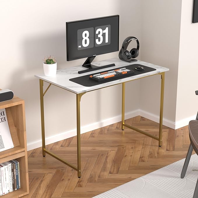 39 Inch Computer Desk with Wood Board and Metal Frame, Modern Simple Style Work Desk with Adjustable Feet, Study Gaming Desk Table for Home Office, Bedroom, Small Spaces