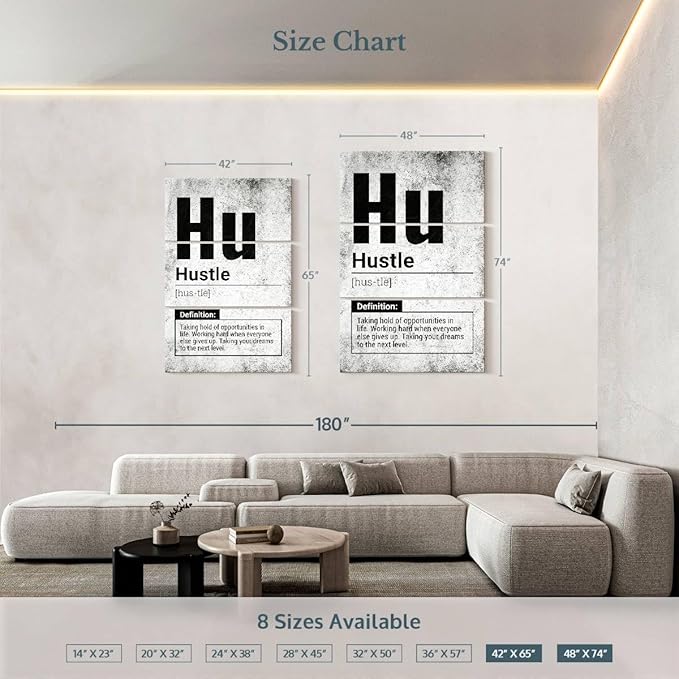 Elephant Stock - Hustle Definition Grunge Wall Art - Vertical Multi Panel Canvas - 3 Piece Living Room Wall Decor - Digital Art Inspirational And Typography Multi Piece Wall Art - Black And Gray Decor - 48" x 74"