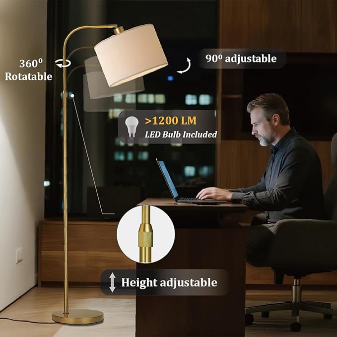 Gold Floor Lamp with Remote Control, 1200 Lumens Adjustable Height Dimmable Arc Floor Lamp for Living Room, Modern Gold Standing Lamp for Bedroom, Office, LED Smart Bulb Included