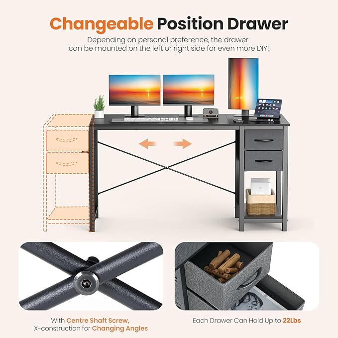 Sweetcrispy 47 Inch Computer Desk with Drawers for Home Office, Writing Desk with X-Shaped Reinforcement, Wood Table with Adjustable Position Drawers, Modern Study Work Table with Side Hook, Black