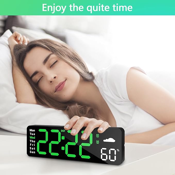 Digital Wall Clock with Remote Control, Large Display Plug in LED Digital Alarm Clocks with 12/24Hr, Date, Week, DST, Timing, Countdown, Temperature for Living Room, Bedroom, Office Wall Decor (Green)