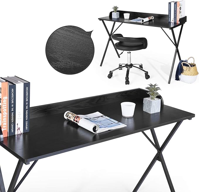 Homy Casa Modern Black Computer Desk with X-Frame Metal Legs, 47.2" x 19.7" Writing Table, Raised Edge, Minimalist Home Office Workstation