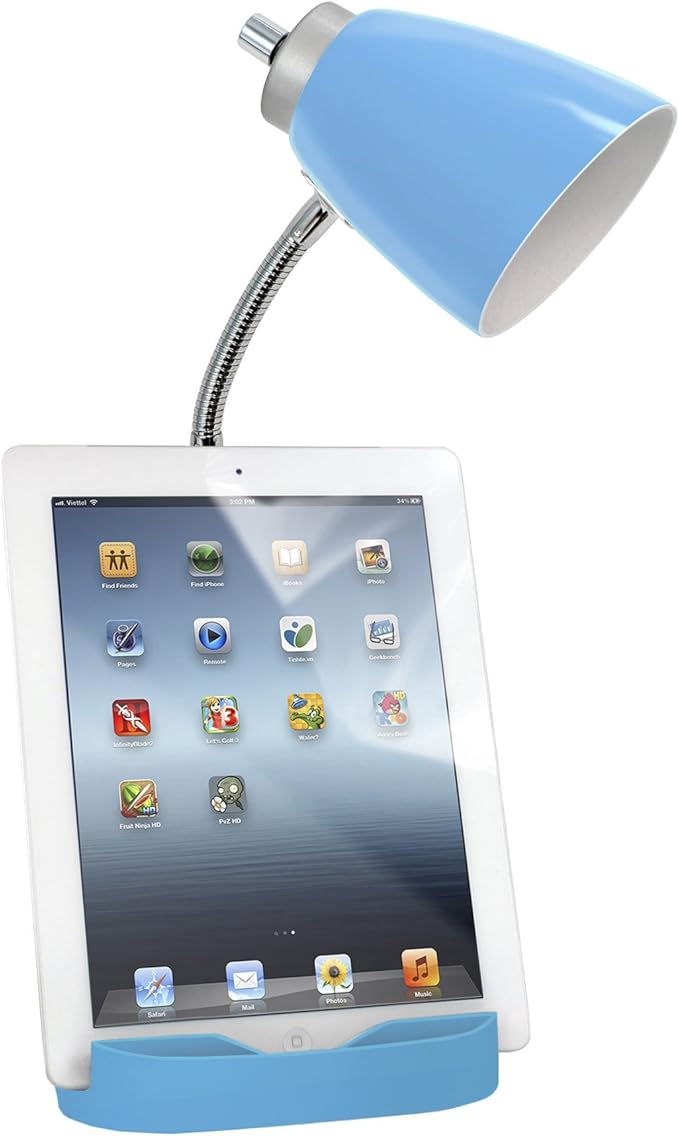 Simple Designs LD1056-BLU Gooseneck Organizer Desk Lamp with iPad/Tablet Stand or Book Holder and USB Port, Blue