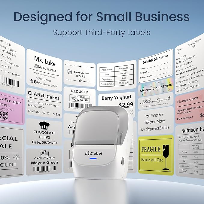 CLABEL Label Maker Machine with Tape, 221B Thermal Bluetooth Label Printer 2 Inch Portable Barcode Inkless Sticker for Small Business, Retail Office,Office, Home, Came with 1 Roll Label (Gray White)