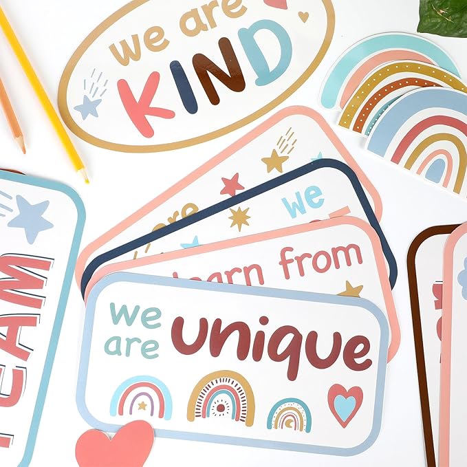Boho Welcome Back to School Bulletin Board Classroom Decoration Boho Pastel Amazing Things Happen Here Bulletin Board Affirmation Station Positive Encouraging Paper Cutouts for School Class Wall Decor