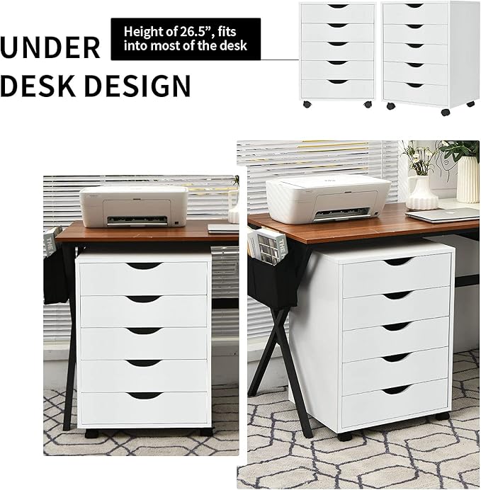 Giantex 5-Drawer Vertical File Cabinet, Mobile Office Storage Cabinet with Drawers, Large Capacity, 2 Lockable Casters and Universal Wheels, Under Desk Side Printer Stand Rolling File Cabinet (White)