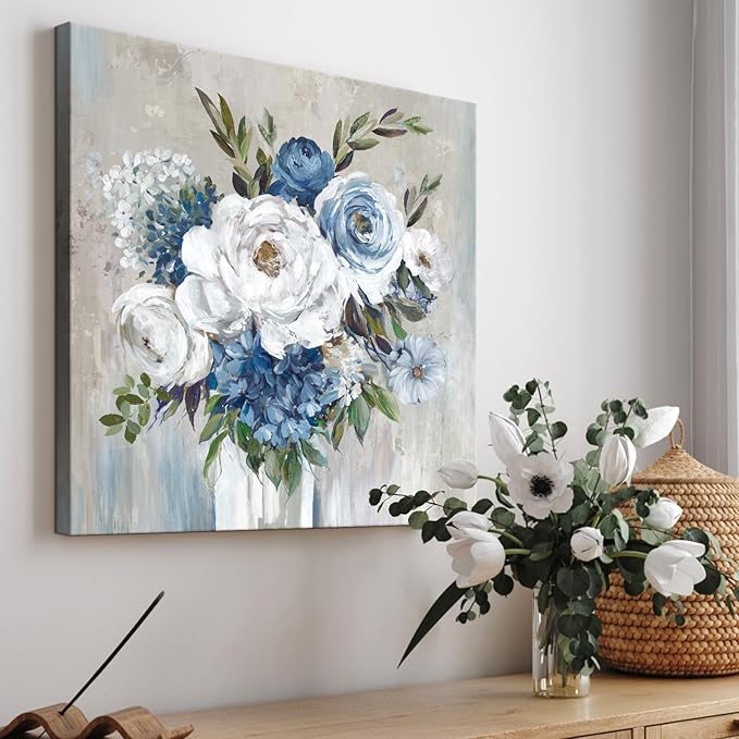 Goldfoilart Blue Flower Wall Art for Living Room White Floral Canvas Pictures Modern Paintings Framed Artwork for Bedroom Bathroom Dining Room Office Wall Decor 24" x 24"