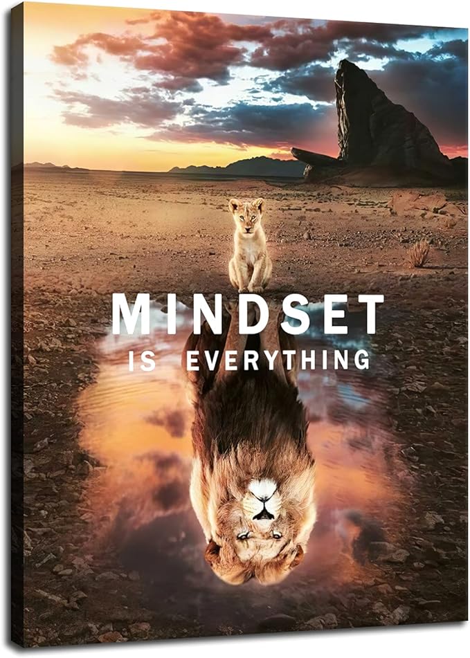 Mindset is Everything Inspirational Canvas Wall Art Little Lion Big Lion Picture Print Artwork Inspirational Entrepreneur Quotations Poster Office Decoration Bedroom Frame Ready to Hang[30″W X 40″H]