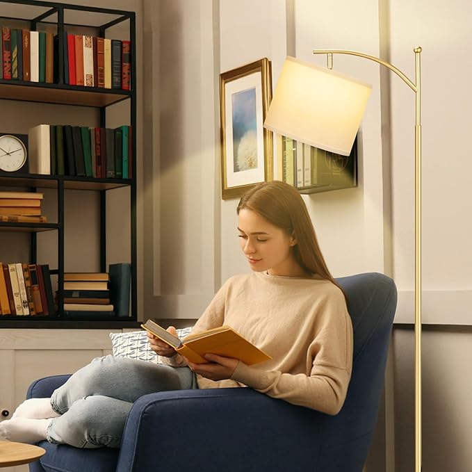 Ambimall 60" Floor Lamps for Living Room with 3 Color Temperatures, Adjustable White Shade with Gold Pole, Tall Lamps for Living Room Bedroom Office Classroom Dorm Room, 9W Bulb Included